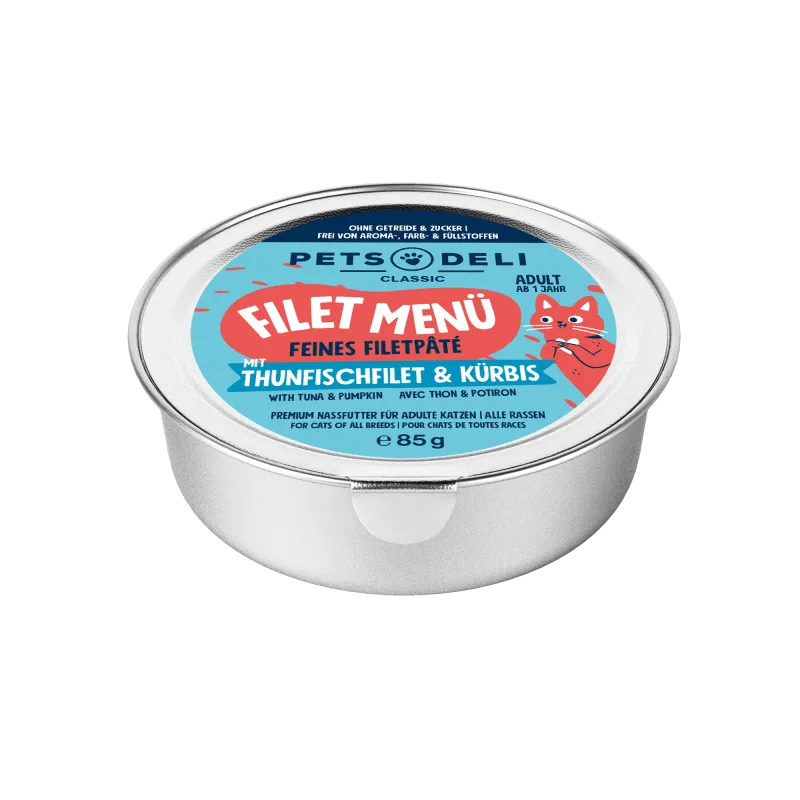 Pets Deli Filet Menü Filet-Menü Thunfisch, Putenfilet, Kürbis, Basilikum 85g